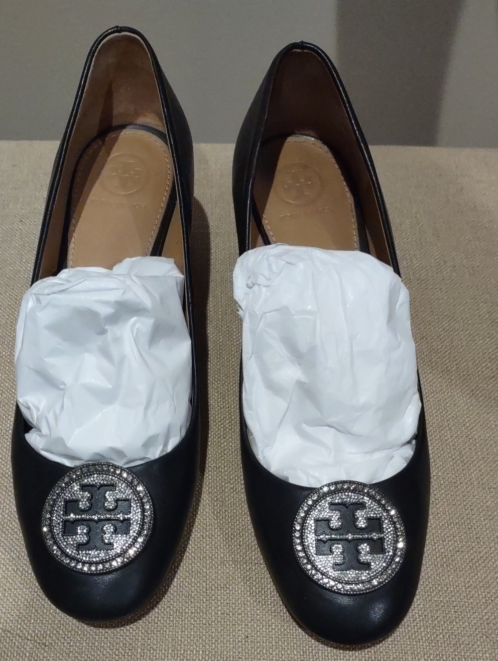 Tory Burch Black Leather Chunky Heel with Crystal Logo Medallion